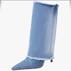 Reitoye Women's 7 Denim Studded Knee High Boots 3.5 Inch Heel.